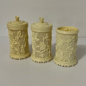 3 Vintage Celluloid Hors D’oeuvre Fork Jars with Loads of Appetizer Forks